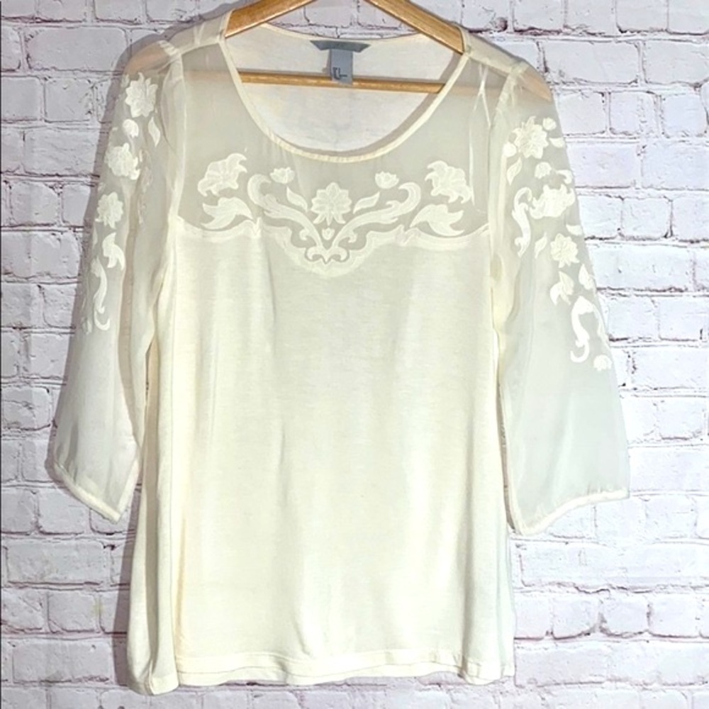 H&M sheer embroidered 3/4 sleeves Top